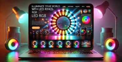 Aro de luz LED RGB ajustable con múltiples colores, ideal para mejorar la iluminación en sesiones fotográficas y videos.