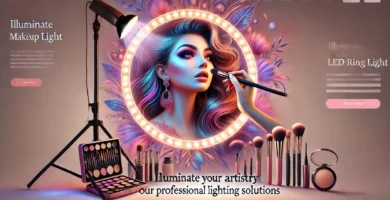 Aro de luz LED profesional ajustable para maquilladores, ideal para sesiones de fotos y tutoriales de maquillaje.