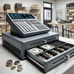 Caja registradora con gaveta para billetes y monedas, ideal para negocios pequeños y medianos.