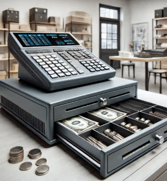 Caja registradora con gaveta para billetes y monedas, ideal para negocios pequeños y medianos.
