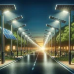 Foco solar LED instalado en un jardín para iluminación nocturna