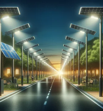 Foco solar LED instalado en un jardín para iluminación nocturna