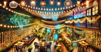 Guirnaldas de luces LED y solares colgadas en un jardín iluminando una terraza durante la noche