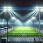 Cancha de fútbol iluminada con luces LED de alta eficiencia, ideal para eventos nocturnos y deportes amateur.