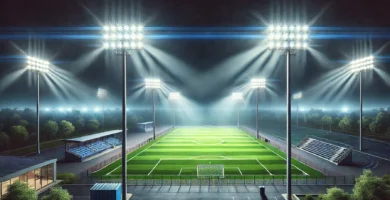 Cancha de fútbol iluminada con luces LED de alta eficiencia, ideal para eventos nocturnos y deportes amateur.