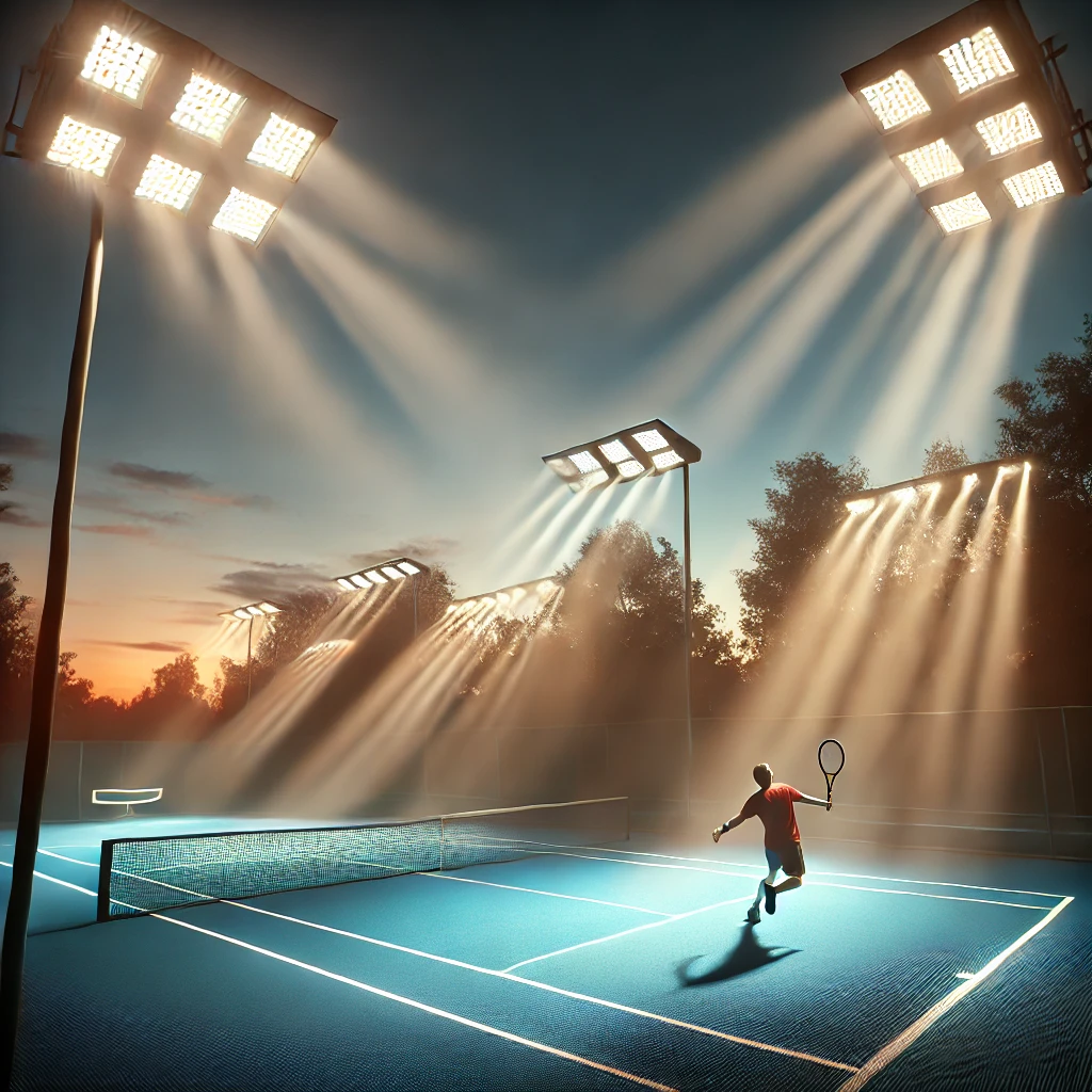 Cancha de tenis iluminada con focos LED al atardecer, jugador realizando un golpe