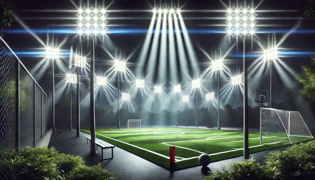 Iluminación LED potente y eficiente para canchas deportivas al aire libre, ideal para fútbol, tenis y más.