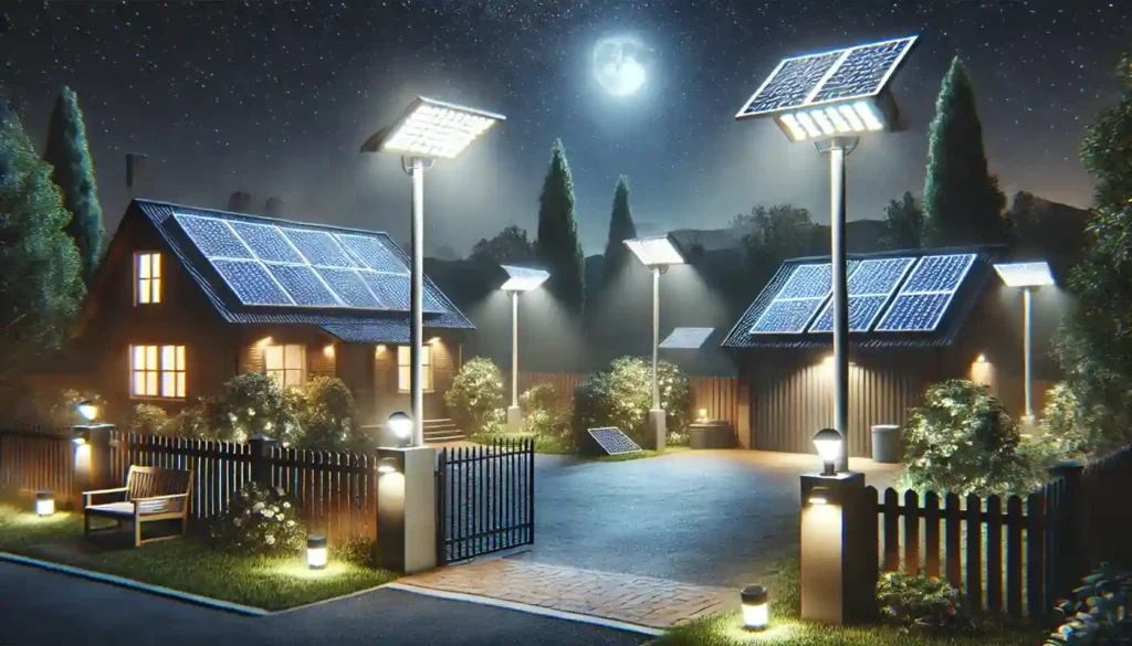 iluminacion solar para parcelas con focos led exteriores y panel solar iluminando terreno de noche