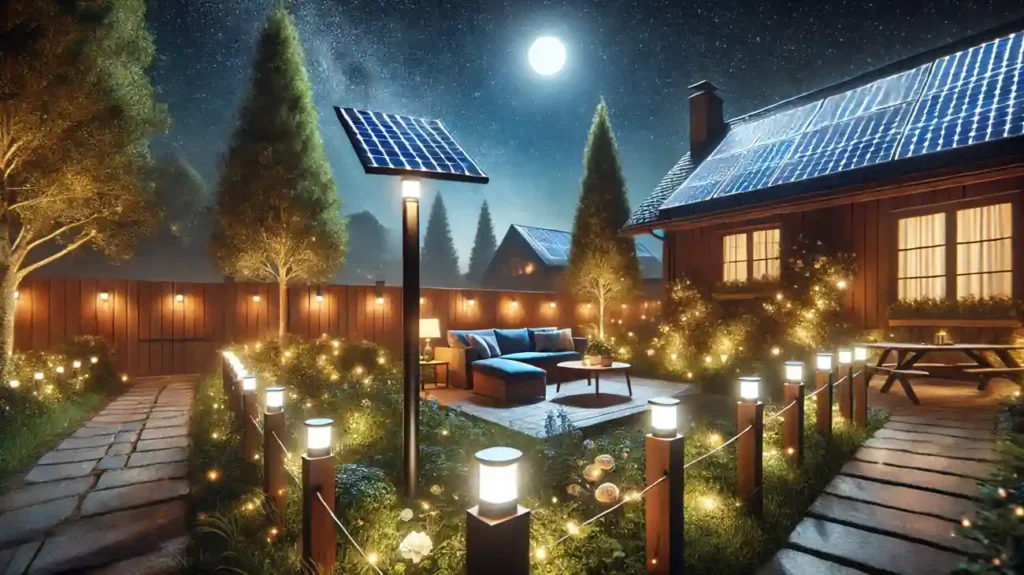 iluminacion solar para parcelas con focos led exteriores y panel solar iluminando patio y casa de noche