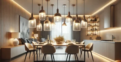 Lámpara colgante LED iluminando un comedor moderno