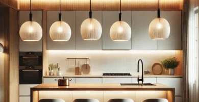 Lámparas colgantes minimalistas iluminando una cocina moderna con isla central