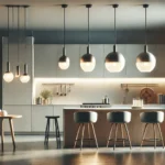 Lámparas colgantes modernas sobre isla de cocina iluminada