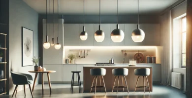 Lámparas colgantes modernas sobre isla de cocina iluminada