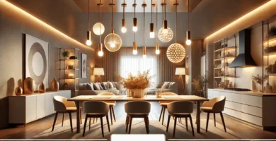 Lámparas LED colgantes iluminando un comedor moderno