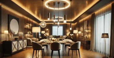 Lámparas LED colgantes en comedor moderno iluminado