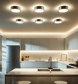 Luces LED instaladas en el techo de una cocina moderna, proporcionando una iluminación eficiente y estilizada.
