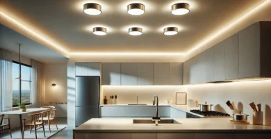 Luces LED instaladas en el techo de una cocina moderna, proporcionando una iluminación eficiente y estilizada.