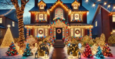 Luces de Navidad en cascada iluminando la fachada de una casa con nieve