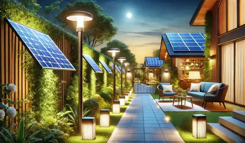 luces solares para parcelas iluminando patio y jardín con focos led exteriores y paneles solares de noche