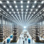 Iluminación LED moderna en una bodega grande, mostrando luces brillantes y de bajo consumo