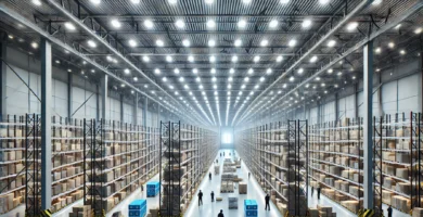 Iluminación LED moderna en una bodega grande, mostrando luces brillantes y de bajo consumo