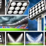 Campo de fútbol iluminado con focos LED de alta potencia, ideal para juegos nocturnos y entrenamientos.