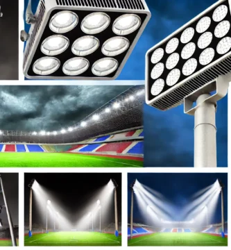 Campo de fútbol iluminado con focos LED de alta potencia, ideal para juegos nocturnos y entrenamientos.