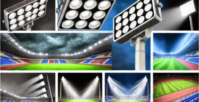 Campo de fútbol iluminado con focos LED de alta potencia, ideal para juegos nocturnos y entrenamientos.