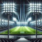 Cancha de fútbol iluminada con focos LED de alta eficiencia para partidos nocturnos en entornos profesionales y comunitarios.