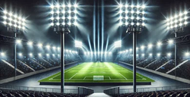 Cancha de fútbol iluminada con focos LED de alta eficiencia para partidos nocturnos en entornos profesionales y comunitarios.