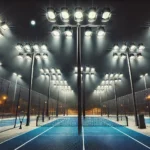 Cancha de pádel iluminada con focos LED de alta eficiencia, ideal para partidos nocturnos y entrenamiento.