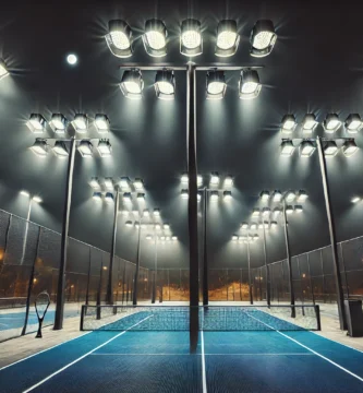 Cancha de pádel iluminada con focos LED de alta eficiencia, ideal para partidos nocturnos y entrenamiento.