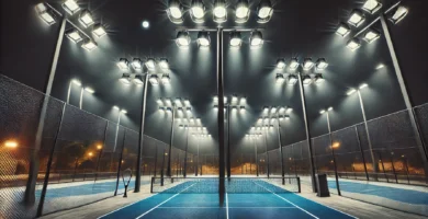 Cancha de pádel iluminada con focos LED de alta eficiencia, ideal para partidos nocturnos y entrenamiento.