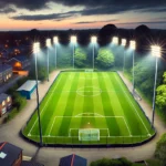 Cancha de fútbol iluminada por LED en un pueblo pequeño, iluminación uniforme y económica para partidos nocturnos