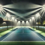 Cancha de tenis iluminada con luces LED de alta potencia, ideal para competiciones nocturnas y entrenamientos