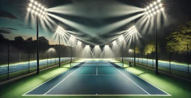 Cancha de tenis iluminada con luces LED de alta potencia, ideal para competiciones nocturnas y entrenamientos
