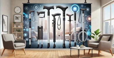 Bastón ergonómico ajustable en un entorno moderno.