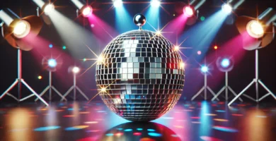 Imagen de bola de espejos en un ambiente de discoteca iluminado con luces LED