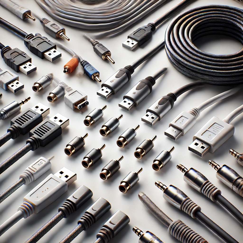 Cables HDMI, RCA y USB para conexiones de audio y video