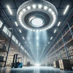 Campana LED industrial tipo UFO de 200W, ideal para talleres y estacionamientos.