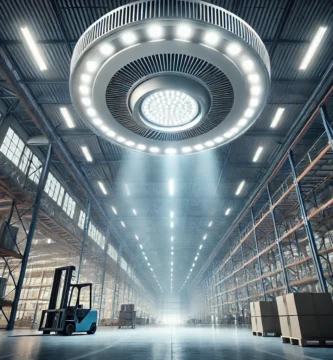 Campana LED industrial tipo UFO de 200W, ideal para talleres y estacionamientos.