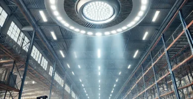Campana LED industrial tipo UFO de 200W, ideal para talleres y estacionamientos.