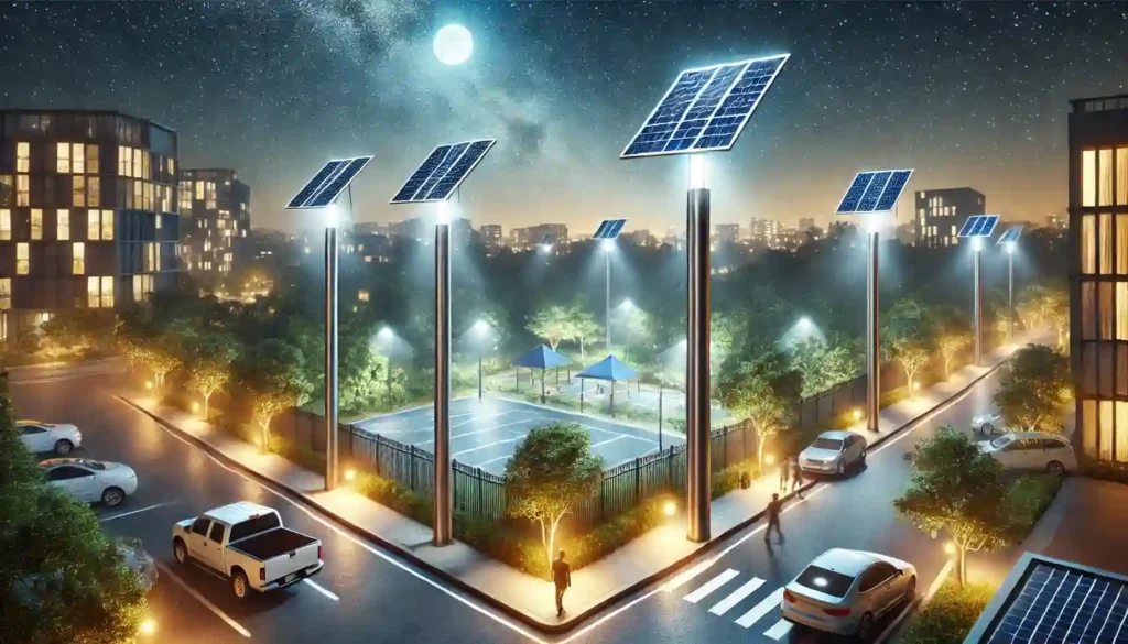 focos solares para postes iluminando calle y plaza con luces solares LED de alta potencia