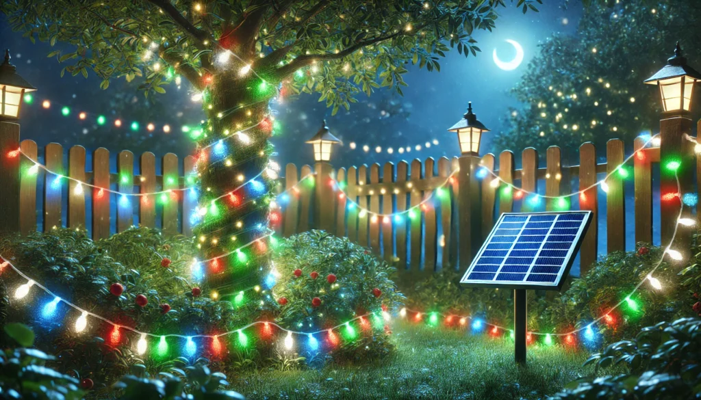 Guirnaldas solares de LED iluminando casas y jardines en un ambiente festivo