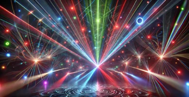Imagen de láseres de fiesta proyectando haces de luz coloridos en un ambiente oscuro