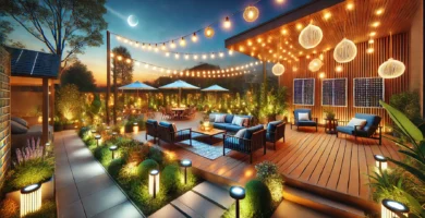 Patio iluminado con luces LED exteriores, incluyendo luces solares y focos LED en pared.