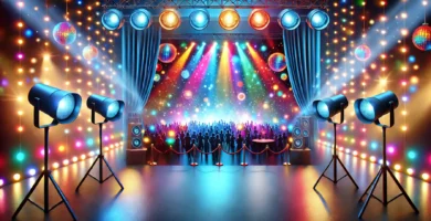 Imagen de luces de colores para fiestas, con luces LED y bombillas en rojo, azul y verde