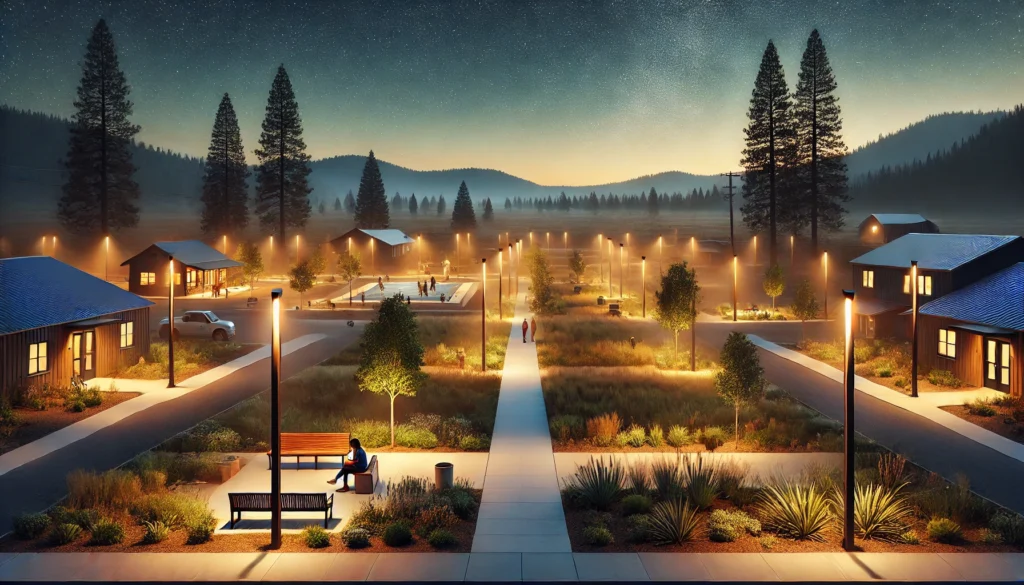 Luminarias LED iluminando una plaza pública de noche, con árboles y bancos alrededor