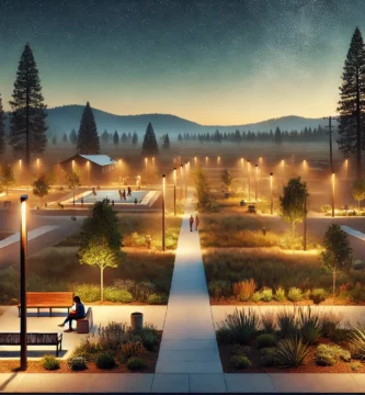 Luminarias LED iluminando una plaza pública de noche, con árboles y bancos alrededor