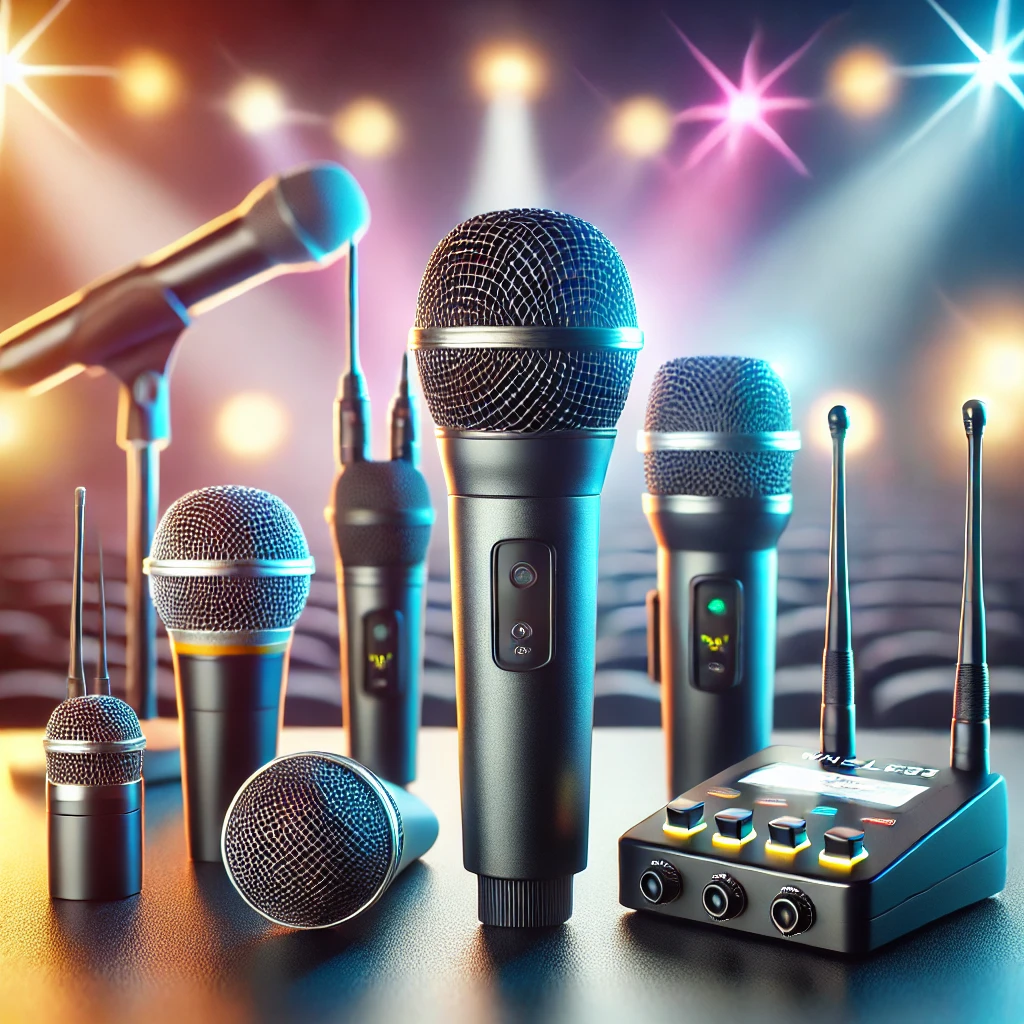 Variedad de micrófonos inalámbricos con tecnología UHF, diseño portátil y sonido profesional.